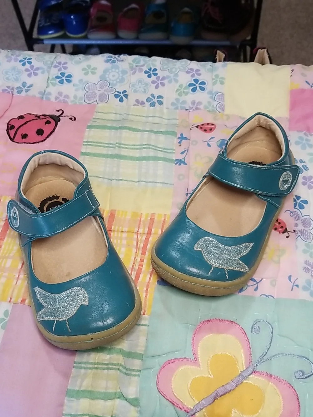 Livie & Luca Teal Soft  Leather Mary Jane Shoes with Glitter Bird Size 8 Pio Pio